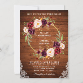 Rustic Wedding Wood Floral Wreath Lace Invite Kaart