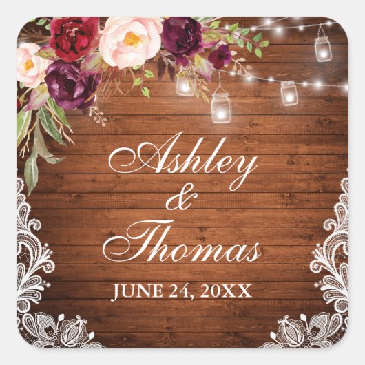 Rustic Wedding Wood Jar Lights Floral Lace Vierkante Sticker (Voorkant)