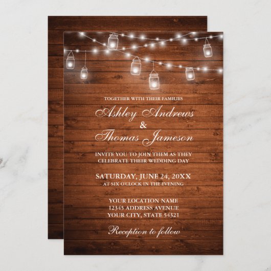 Rustic Wedding Wood Jar String Lights Kaart (Voorkant / Achterkant)