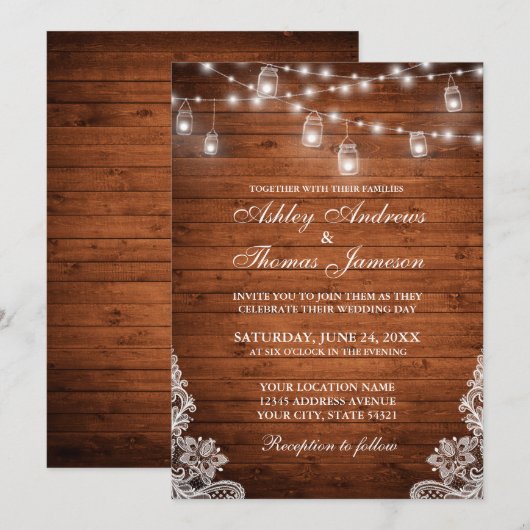Rustic Wedding Wood Jar String Lights Lace Kaart (Voorkant / Achterkant)