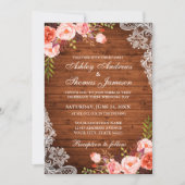 Rustic Wedding Wood Koral Floral Lace Invite Kaart (Voorkant)
