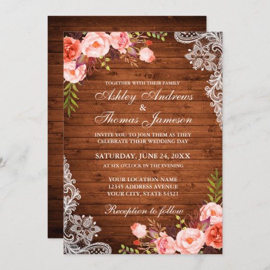 Rustic Wedding Wood Koral Floral Lace Invite Kaart (Voorkant / Achterkant)