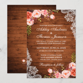 Rustic Wedding Wood Koral Floral Lace Invite Kaart