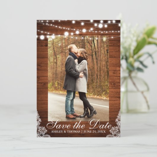 Rustic Wedding Wood Lace Save the Date (Staand voorkant)
