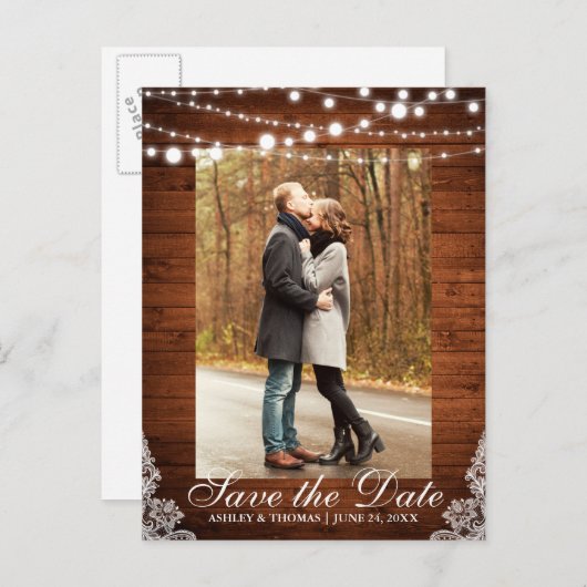 Rustic Wedding Wood Lace Save the Date Aankondigingskaart (Voorkant / Achterkant)