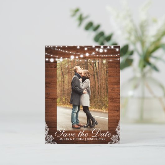 Rustic Wedding Wood Lace Save the Date Aankondigingskaart (Staand voorkant)