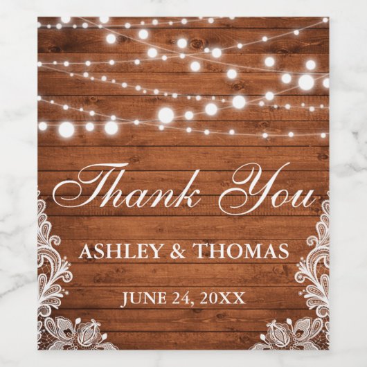 Rustic Wedding Wood Lace String Lights Hartelijk d Wijn Etiket (Enkel label)