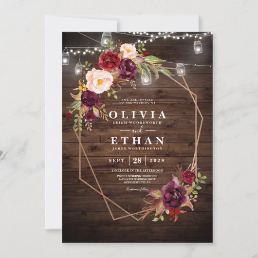 Rustic Wedding Wood Licht Burgundy Floral Kaart (Voorkant)