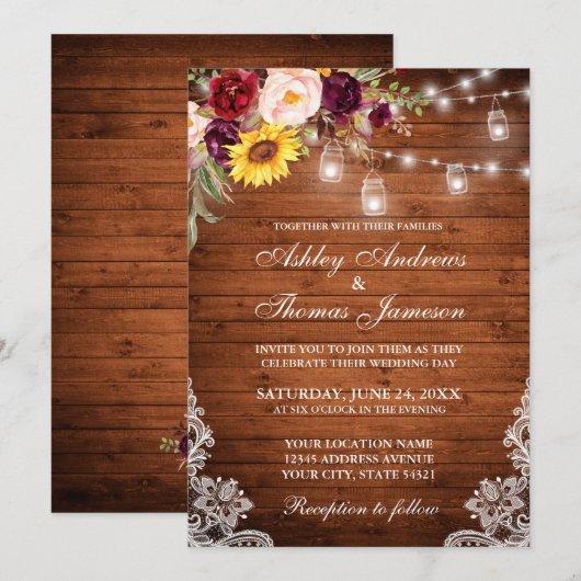 Rustic Wedding Wood Licht Jars Lace Gemengd Kaart (Voorkant / Achterkant)