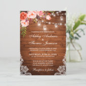 Rustic Wedding Wood Licht Jars Lace Koral Floral Kaart (Staand voorkant)