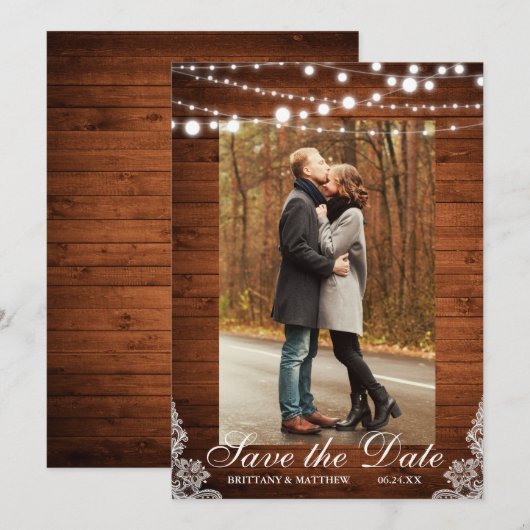 Rustic Wedding Wood Licht Lace Save the Date (Voorkant / Achterkant)