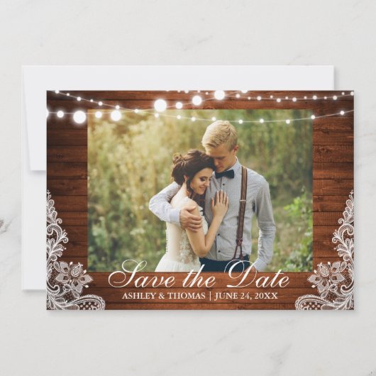 Rustic Wedding Wood Licht Lace Save the Date (Voorkant)