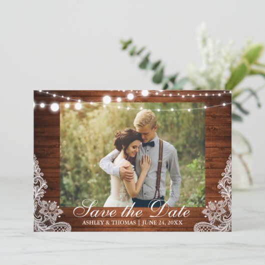 Rustic Wedding Wood Licht Lace Save the Date (Staand voorkant)