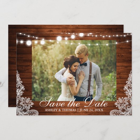 Rustic Wedding Wood Licht Lace Save the Date (Voorkant / Achterkant)