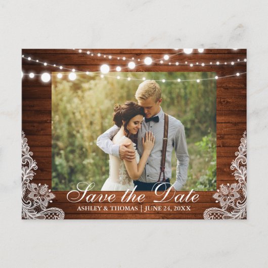 Rustic Wedding Wood Licht Lace Save the Date Aankondigingskaart (Voorkant)