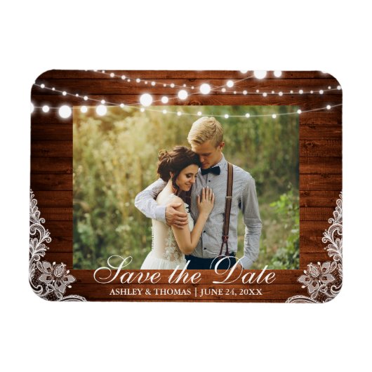 Rustic Wedding Wood Licht Lace Save the Date Magneet (Horizontaal)