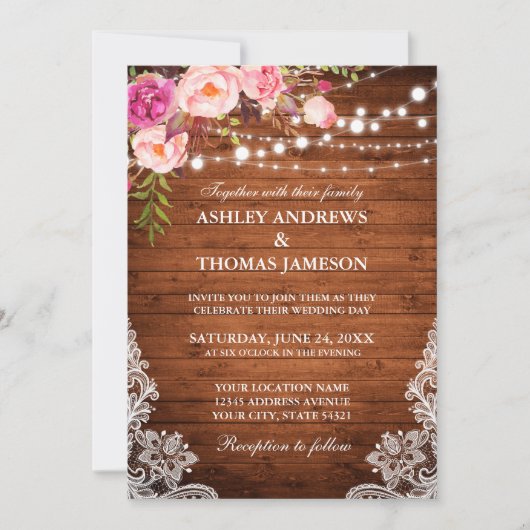 Rustic Wedding Wood Licht Roze Blush Floral Kaart (Voorkant)