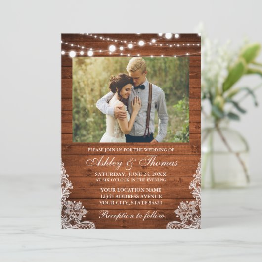 Rustic Wedding Wood Lights Foto Kaart (Staand voorkant)