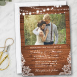 Rustic Wedding Wood Lights Foto Kaart<br><div class="desc">Rustic Wedding Wood String Lights Lace Fotouitnodiging</div>