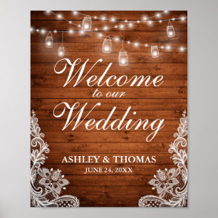 Rustic Wedding Wood Mason Jar Lights Lace Poster