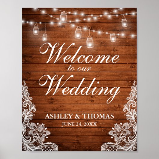 Rustic Wedding Wood Mason Jar Lights Lace Poster (Voorkant)