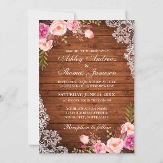 Rustic Wedding Wood Pink Floral Lace Invite Kaart (Voorkant)