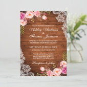 Rustic Wedding Wood Pink Floral Lace Invite Kaart (Staand voorkant)