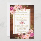 Rustic Wedding Wood Pink Floral Wedding Invite Kaart (Voorkant)