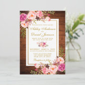 Rustic Wedding Wood Pink Floral Wedding Invite Kaart (Staand voorkant)