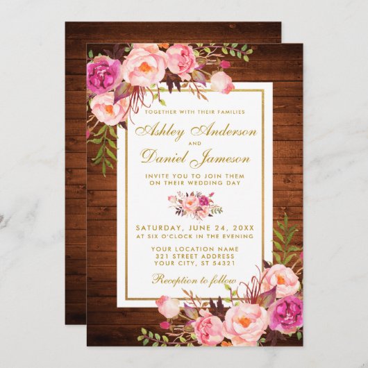 Rustic Wedding Wood Pink Floral Wedding Invite Kaart (Voorkant / Achterkant)