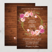 Rustic Wedding Wood Pink Floral Wreath Gold Invite Kaart (Voorkant / Achterkant)