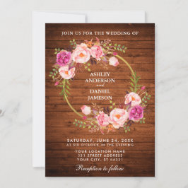 Rustic Wedding Wood Pink Floral Wreath Gold Invite Kaart