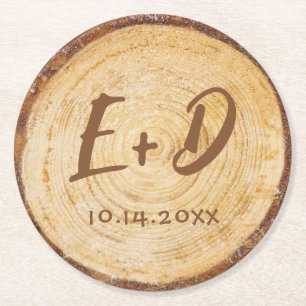 Rustic Wedding Wood Slice Initialen Monogram Brown Ronde Kartonnen Onderzetter