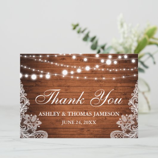 Rustic Wedding Wood String Lights Hartelijk dank Bedankkaart (Staand voorkant)