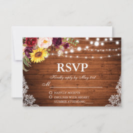 Rustic Wedding Wood String Lights Lace Floral RSVP Kaartje