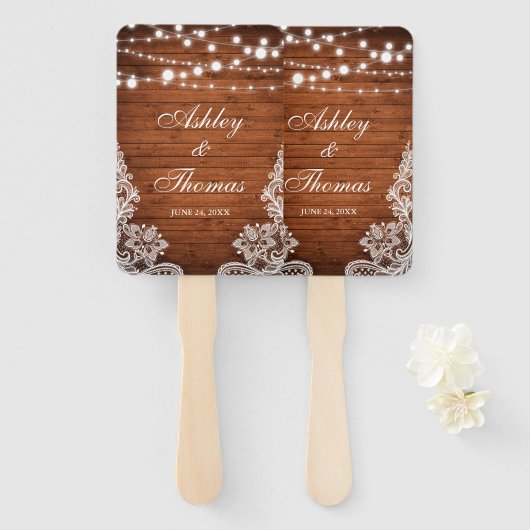 Rustic Wedding Wood String Lights Lace Handwaaier (Voorkant en achterkant)