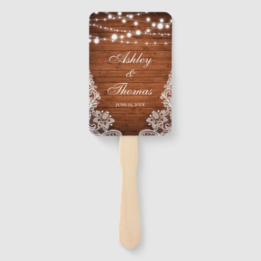 Rustic Wedding Wood String Lights Lace Handwaaier (Achterkant)