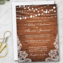 Rustic Wedding Wood String Lights Lace Invite
