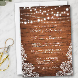 Rustic Wedding Wood String Lights Lace Invite Kaart