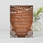 Rustic Wedding Wood String Lights Lace Invite Kaart (Staand voorkant)