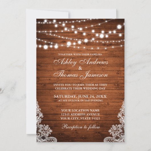 Rustic Wedding Wood String Lights Lace Invite PB Kaart (Voorkant)