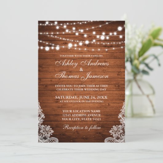 Rustic Wedding Wood String Lights Lace Invite PB Kaart (Staand voorkant)