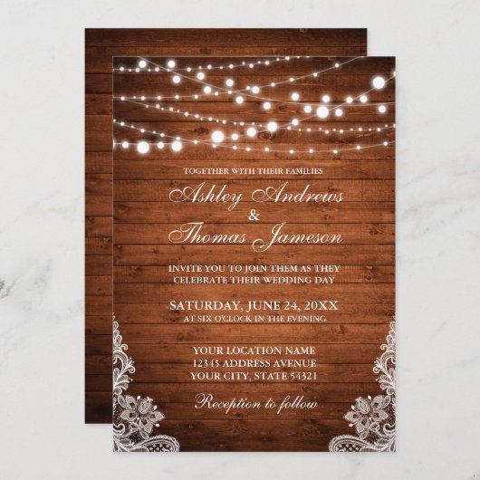 Rustic Wedding Wood String Lights Lace Invite PB Kaart (Voorkant / Achterkant)