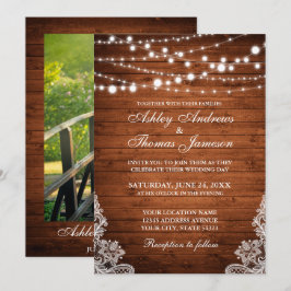 Rustic Wedding Wood String Lights Lace Invite PB Kaart