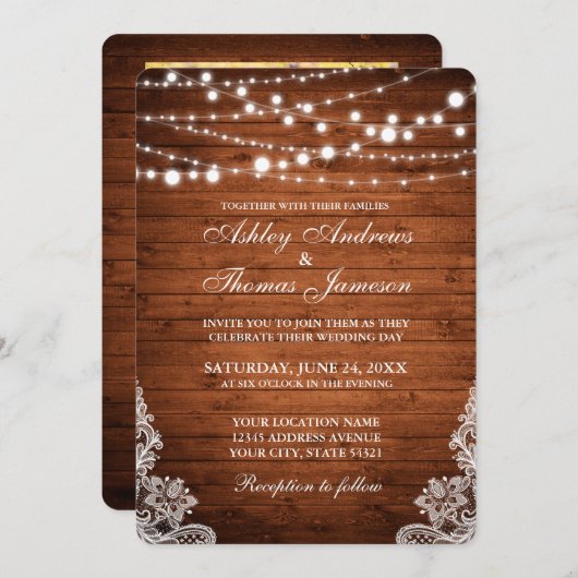 Rustic Wedding Wood String Lights Lace Invite PBR Kaart (Voorkant / Achterkant)