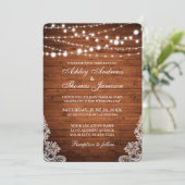 Rustic Wedding Wood String Lights Lace Invite PBR Kaart (Staand voorkant)