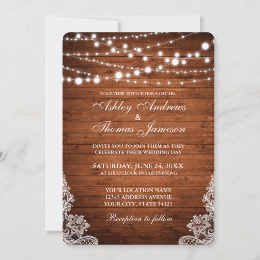 Rustic Wedding Wood String Lights Lace Invite PBR Kaart (Voorkant)