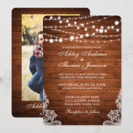Rustic Wedding Wood String Lights Lace Invite PBR Kaart