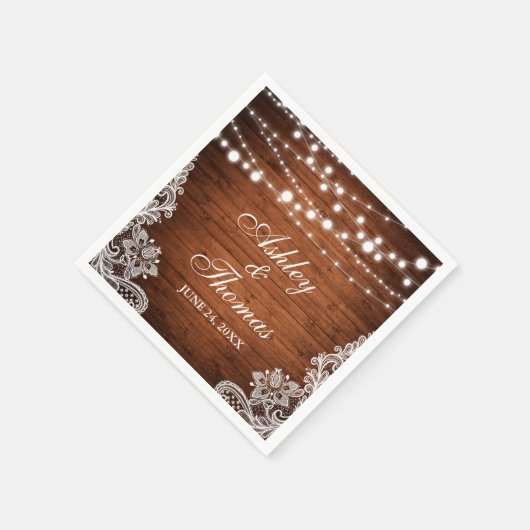 Rustic Wedding Wood String Lights Lace Servet (Hoek)