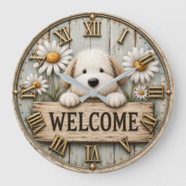 Rustic Welcome Puppy with Daisies Farmhouse Grote Klok